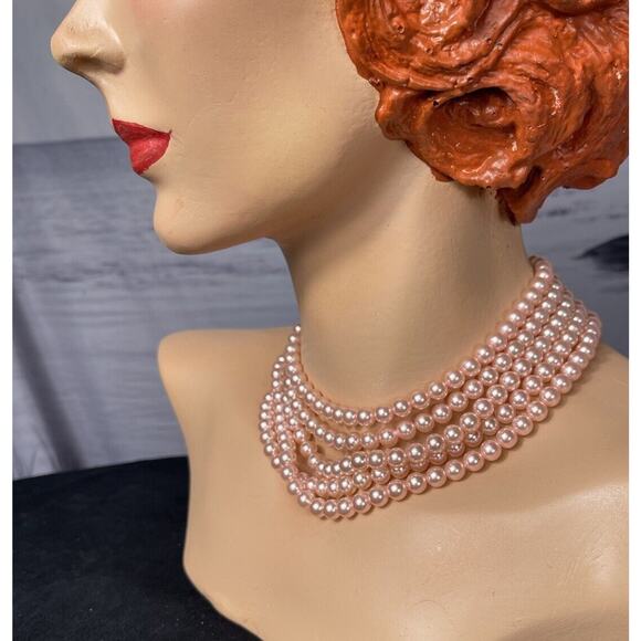 Pink Pearl Necklace Multi Strand Choker Statement Faux - Picture 9 of 16